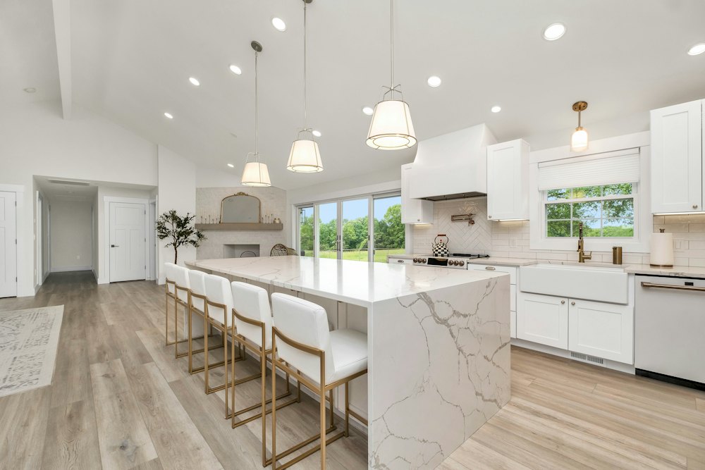 Bright white kitchen with a large island